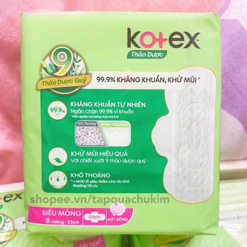 Băng vệ sinh KOTEX thảo dược 23CM mặt bông siêu mỏng có cánh / không cánh (8 MIẾNG)