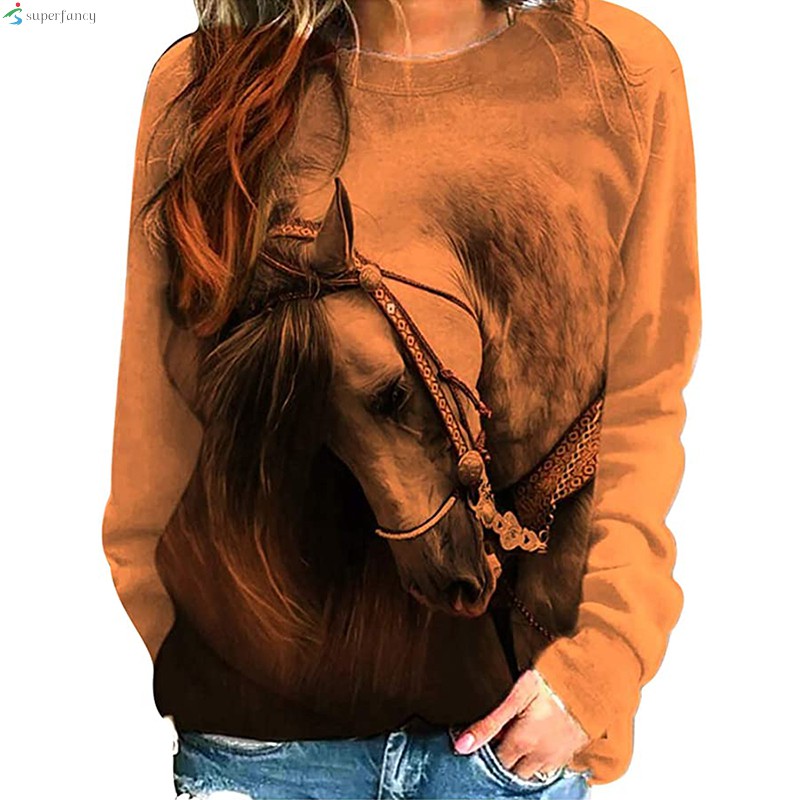 Women's Casual Horse Fun Print Sweatshirt Pullover Loose Long Sleeve Round Neck Blouse for Every Day