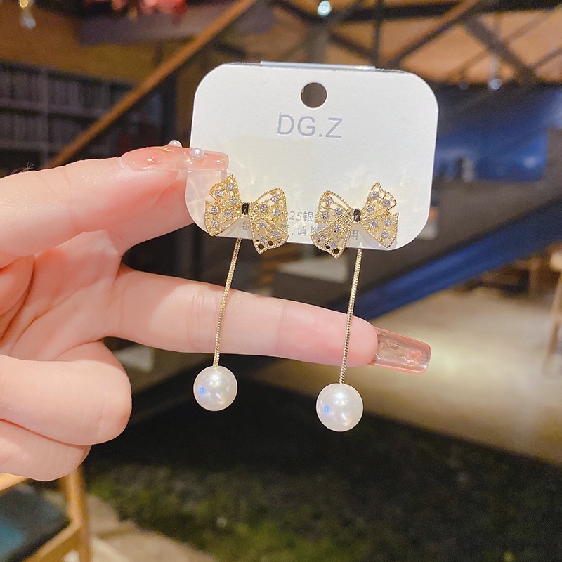 bông tai hình nơ kèm châu dài phong cách, khuyên tai thả dài cá tính