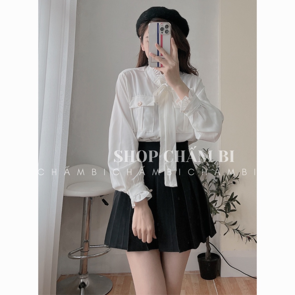 Áo sơ mi tiểu thư A.289, Áo sơ mi dài tay túi hộp ngực cổ trụ bèo thắt dây nơ cách điệu