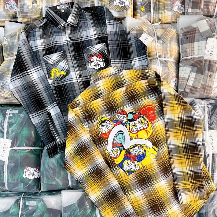 Áo Sơ Mi Nam Tay Dài Vải Nỉ Caro In Hình EVISU Phong Cách Độc Lạ Thời trang Hot Trend Mới