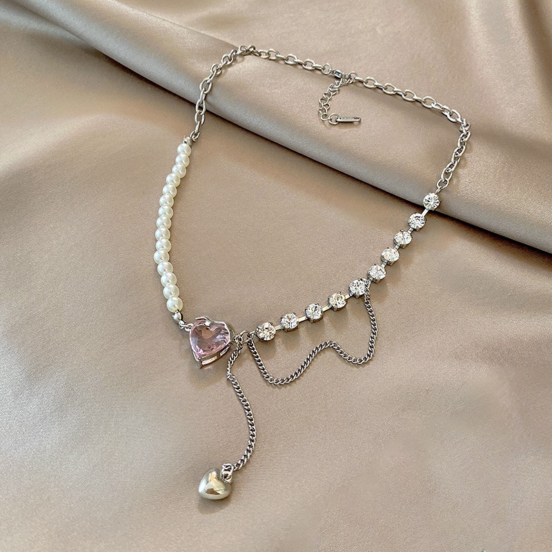 Vòng cổ Thép Titan Mặt Hình Trái Tim Đính Đá zircon Hồng Ngọc Trai Tinh Tế Thời Trang Mới