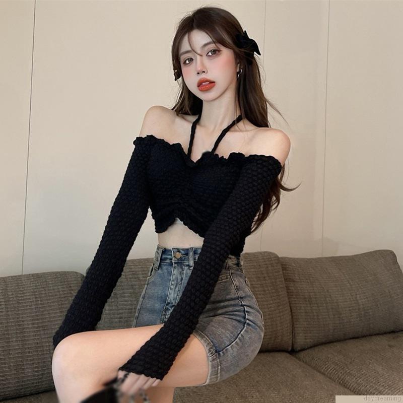 Áo thun croptop tay dài hở vai màu trơn phong cách Hàn Quốc cho nữ