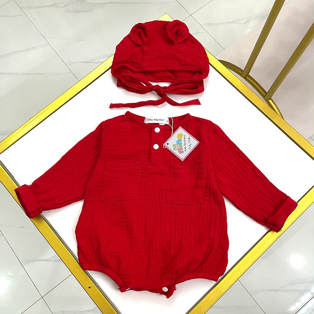 Bodysuit Cho Bé Trai NAU Baby Closet Bộ Body Sơ Sinh Bé Trai Dài Tay Màu Đỏ Tặng Kèm Mũ Tai Gấu SIZE 0M ĐẾN 24M
