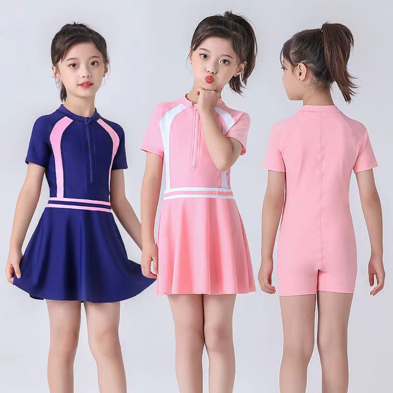 Set đồ bơi liền thân tay ngắn phối chân váy màu hồng/ xanh dương dễ thương cho bé gái