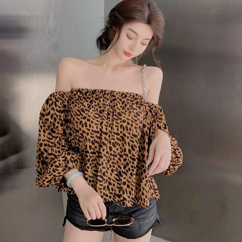 Áo kiểu chiffon trễ vai tay phồng họa tiết da báo quyến rũ thời trang cho nữ | BigBuy360 - bigbuy360.vn