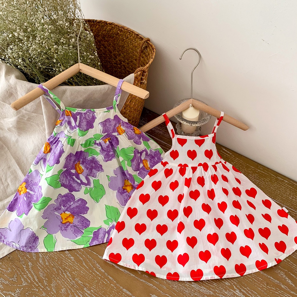 Đầm Hai Dây Mùa Hè Bằng Vải Cotton Nhẹ In Họa Tiết Hoa Màu Đỏ Và Tím Cho Bé Gái 3-8 Tuổi