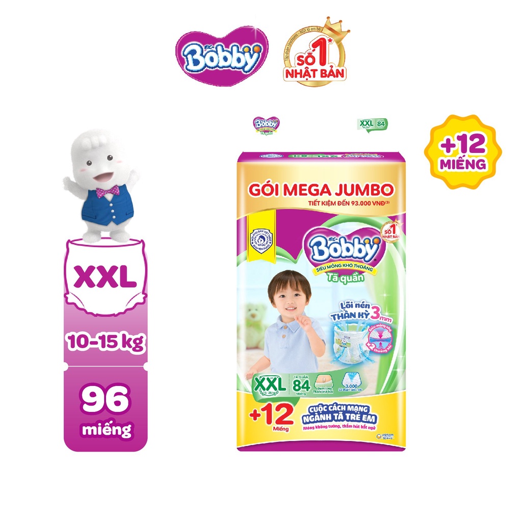 Tã quần Bobby lõi nén thần kì 3mm M120/L104/XL92/XXL84 - Tặng 12 miếng tã quần