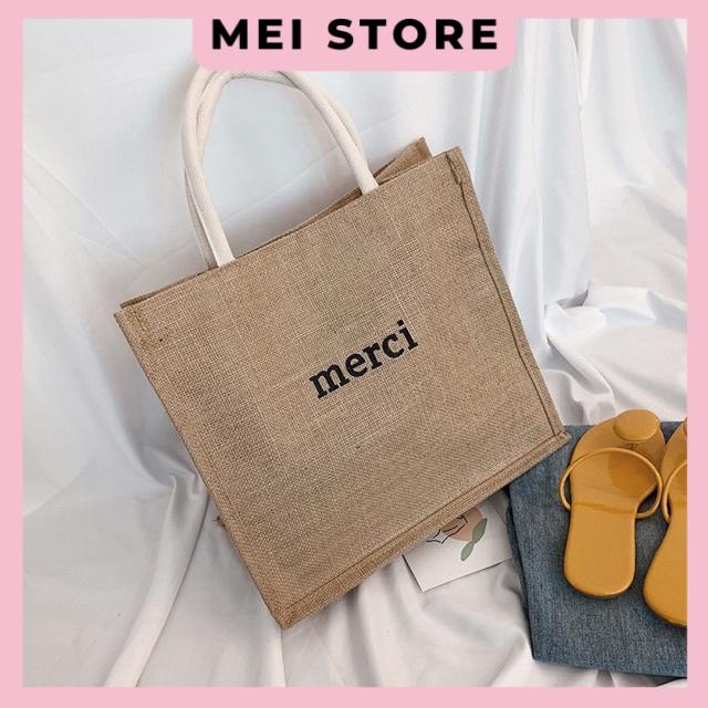 Túi Cói Merci Loại 1 Màu Sáng, Có Đệm Đáy Giữ Form Túi, Có Lót