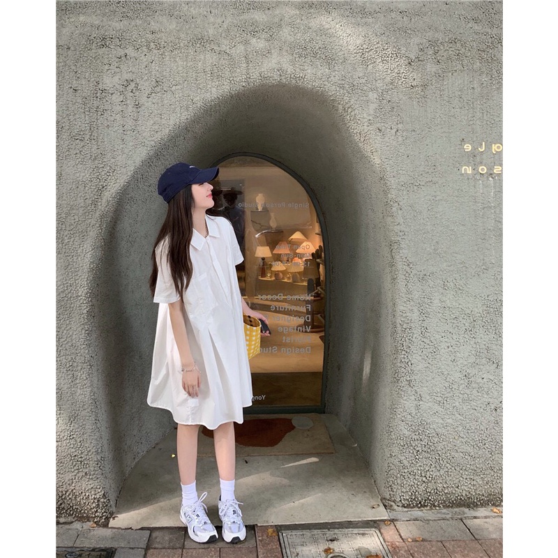 Đầm polo cổ sơ mi có túi ngực xếp ly eo cộc tay ulzzang T18 V16