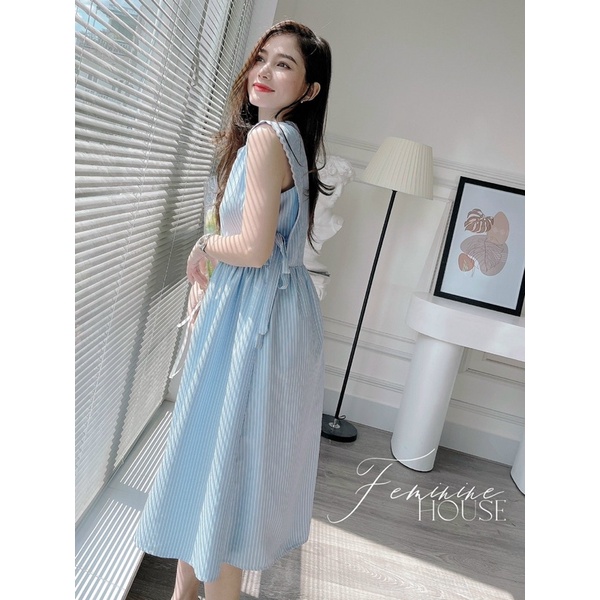 Đầm Sọc Viền Ren Thắt Nơ, đầm kẻ viền ren maxi phom suông dễ mặc