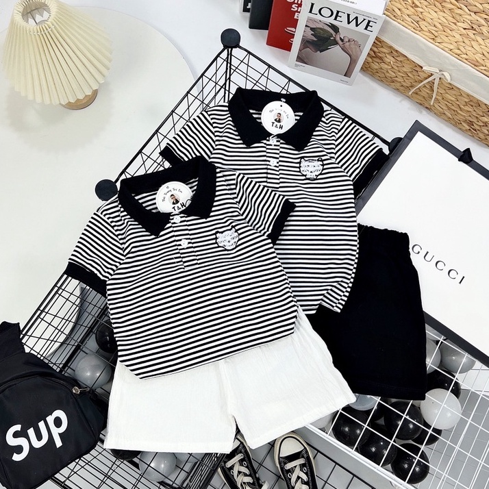 Bộ quần áo bé trai, Set Áo thun Polo kẻ ngang logo hổ và quần đùi trơn, bộ cotton mùa hè cho bé từ 7 - 18 kg, SUN KID'S