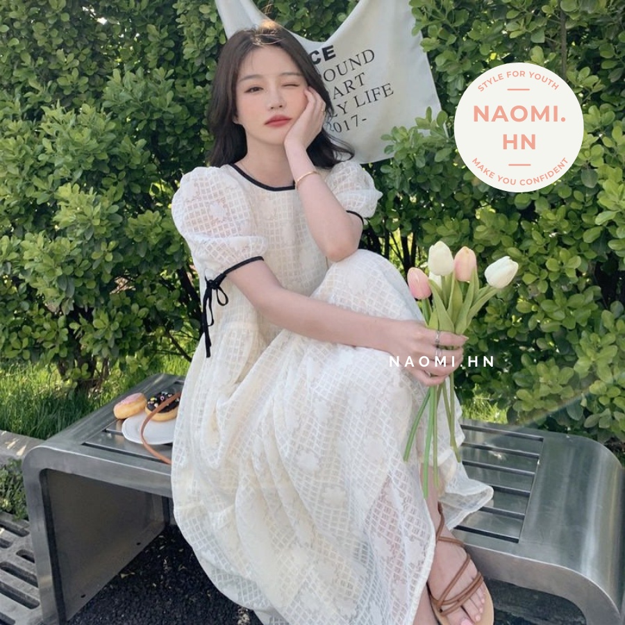 Váy babydoll ngắn tay ren phối viền chỉ buộc nơ 2 tầng xoè. Đầm babydoll ren hoa thừng tiểu thư tay phồng form rộng cute