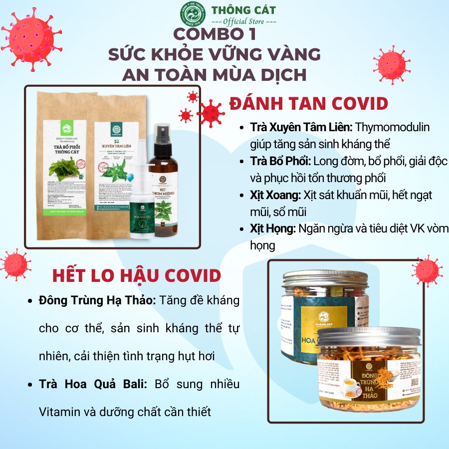 Combo tăng cường sức khỏe mùa dịch Thông Cát - Xuyên tâm liên, Đông trùng hạ thảo, tăng sức đề kháng, bồi bổ sức khỏe