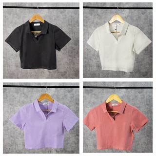 Áo thun nữ croptop CHIANG cộc tay cổ bẻ vải cotton co giãn thoáng mát CR04