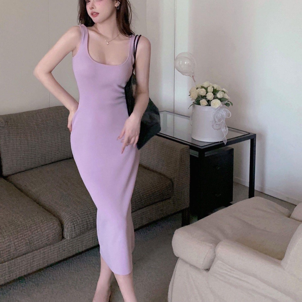 Đầm Lửng Hai Dây Dáng Ôm Màu Tím Thời Trang Mùa Hè Xinh Xắn Cho Nữ