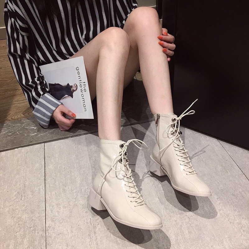 Bốt Nữ Cổ Cao cột dây dáng hàn cao 5cm da bóng mềm mịn