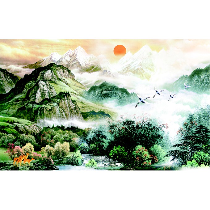Tranh dán tường 3D sơn thủy - vải lụa phủ kim sa