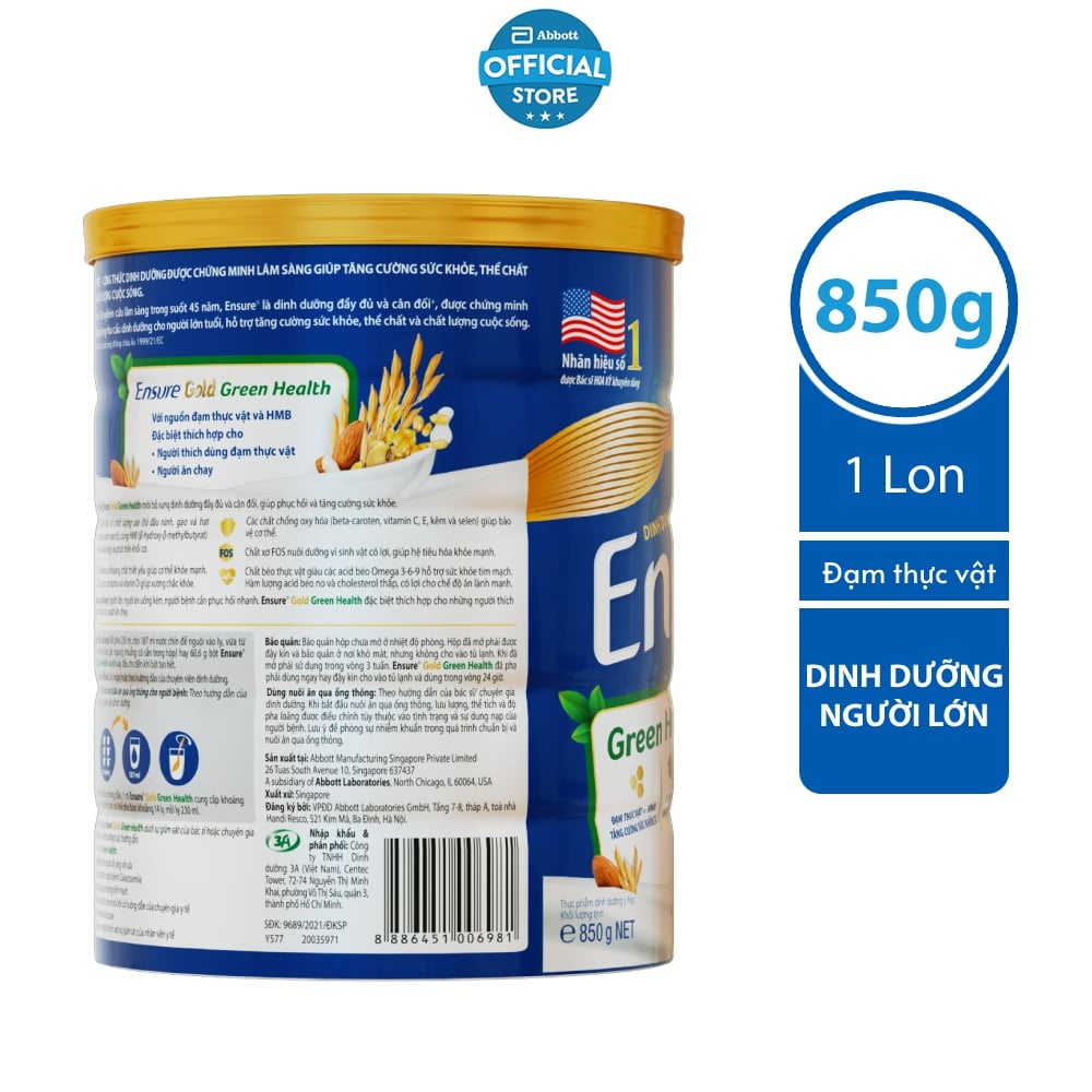 Sữa bột Ensure Gold Đạm thực vật hương hạnh nhân 850g/lon