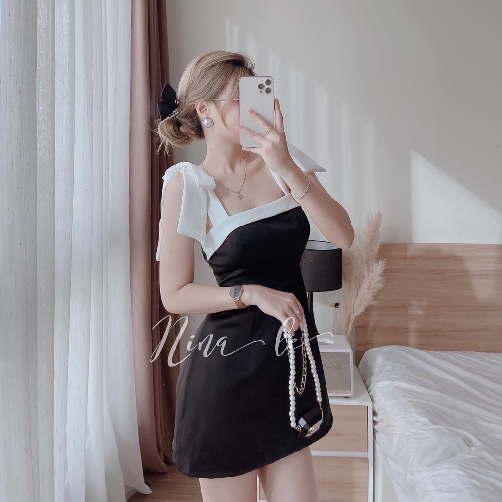 Đầm Đi Tiệc Cột Dây vai, Đầm Tiểu Thư Dáng Suông, Váy Hai Dây Cột Nơ Vai Sang Chảnh