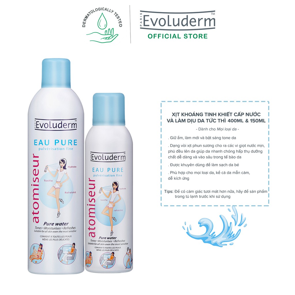 Bộ xịt khoáng dưỡng da cấp ẩm Evoluderm Atomiseur Eau Pure 400ml và 150ml