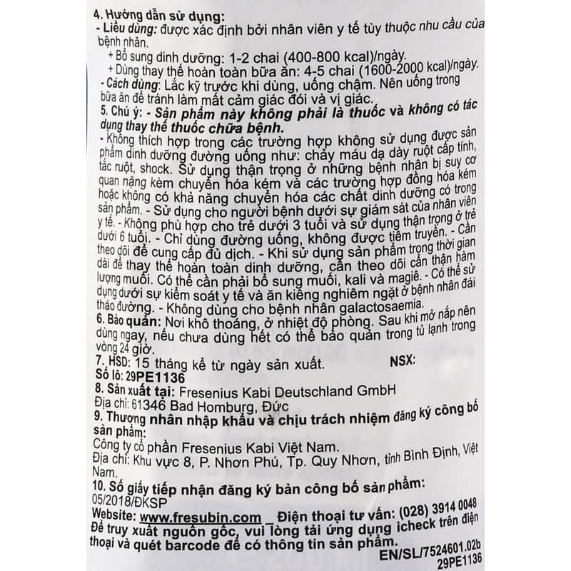 Sữa Fresubin 2Kcal Fibre Cho người bênh thận