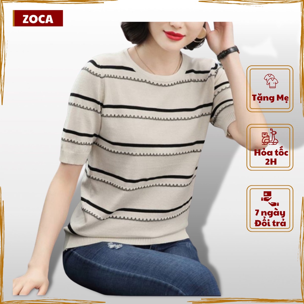 Áo len nữ mỏng thu đông kẻ ngang cộc tay dệt kim_Zoca
