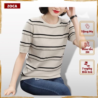Áo len nữ mỏng thu đông kẻ ngang cộc tay dệt kim_Zoca