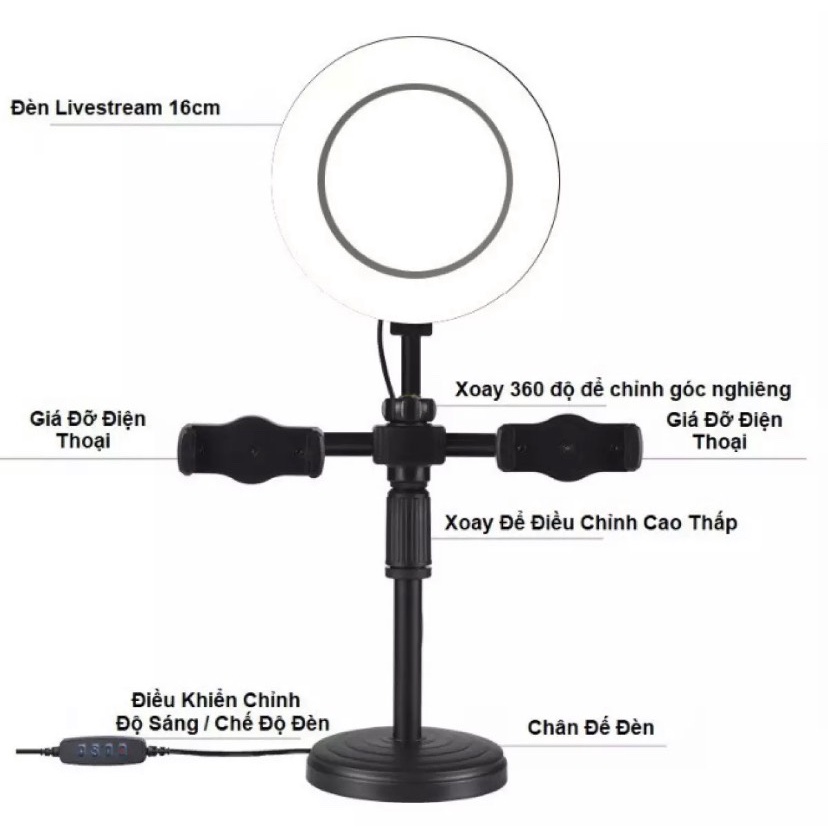 Đèn livestream để bàn size 16cm Hợp kim chắc chắn - Bộ giá đỡ điện thoại có đèn Led để bàn 2 giá đỡ điện thoại chữ T