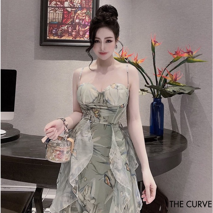 Đầm Dự Tiệc 2 Dây Chíp Eo Nơ Lưng Đuôi Bèo Xòe - 2 Màu Nude, Xanh - Vải Voan