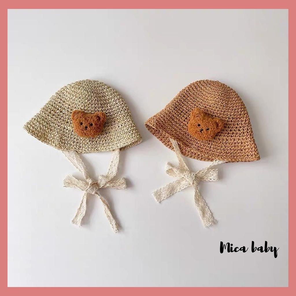 Mũ bucket chất cói mềm đính gấu bông xù dễ thương cho bé MH178 Mica Baby