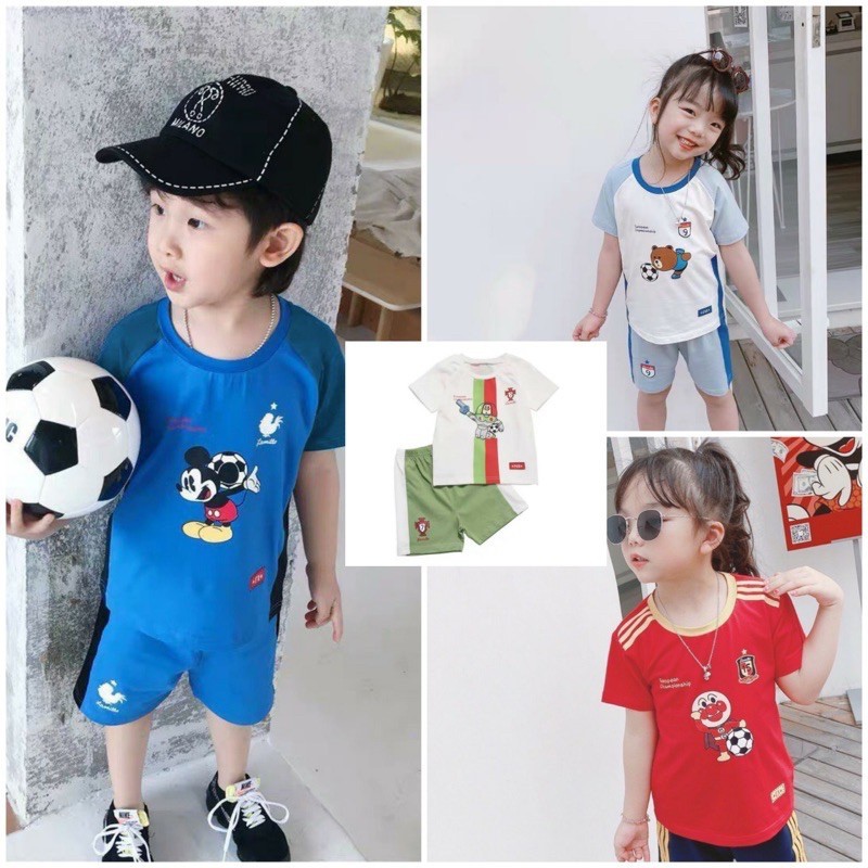 Bộ đồ thể thao bóng đá trẻ em chất cotton in hình động vật đá yêu cho bé 8-18kg