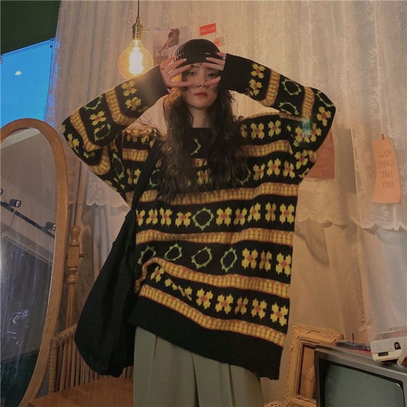 Áo len dáng rộng tay dài họa tiết sọc ngang phong cách vintage thời trang mùa thu cho nữ