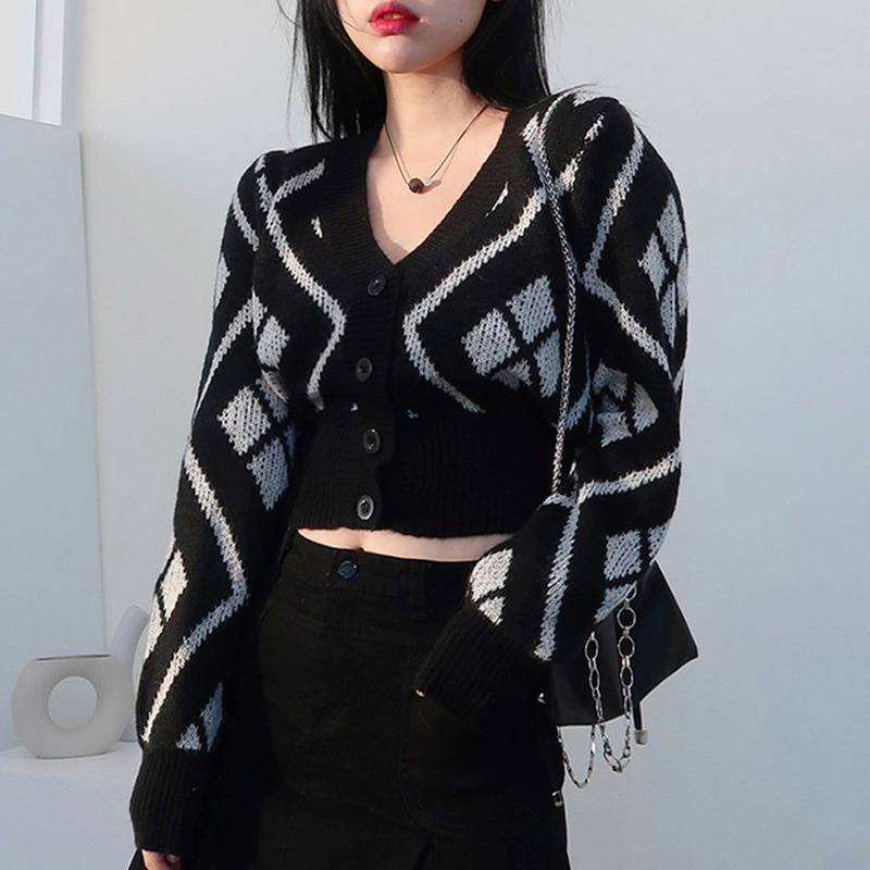 Áo Cardigan Dệt Kim Tay Dài Cổ Chữ V Ôm Eo Đính Đá Kiểu Retro Hàn Quốc Thời Trang Cho Nữ