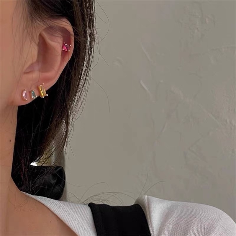 Bông Tai Hình Học Đính Đá Zircon Màu Cầu Vồng Phong Cách Retro Thời Trang