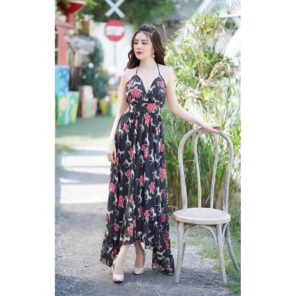 Đầm maxi hoa hở lưng