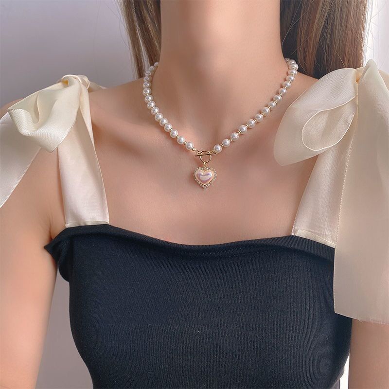 Vòng Cổ Mặt Trái Tim Đính Ngọc Trai Phong Cách Thời Trang Hàn Quốc Dành Cho Nữ