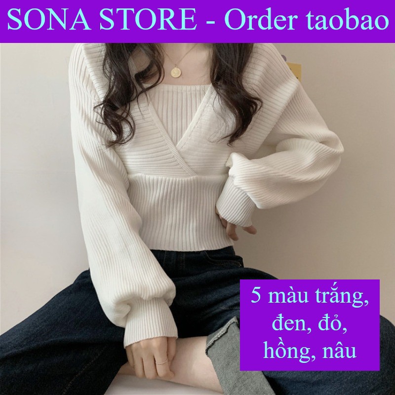 Áo len croptop tay dài, Áo len cổ v, Hàng quảng châu cao cấp, SONA STORE