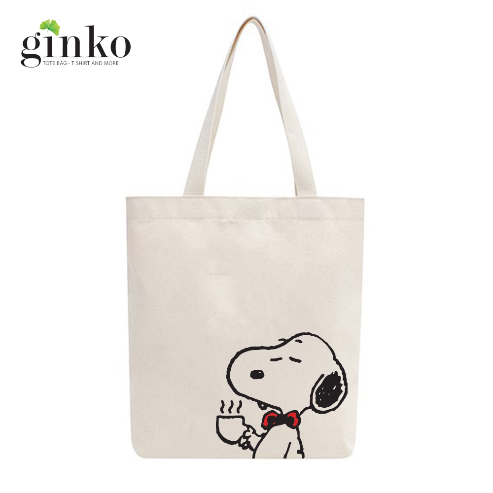Túi tote vải mộc GINKO có dây kéo khóa miệng túi ( túi con bên trong ) in hình Snoopy and Friends M102