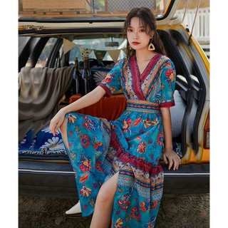 (CÓ SẴN) Váy boho ánh xanh cổ V