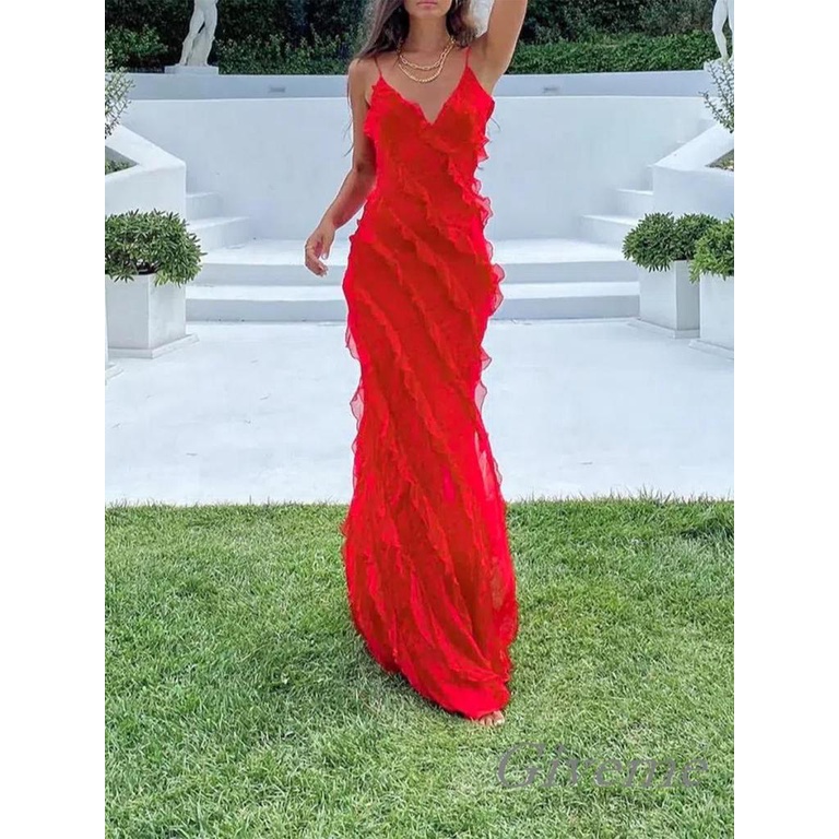 Đầm Dài Không Tay Màu Trơn Phối Bèo Nhún Thời Trang Dự Tiệc Cho Nữ