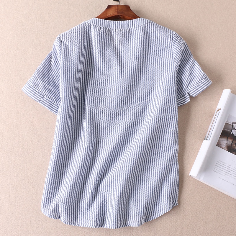 Áo sơ mi nữ thiết kế cổ V phối cúc kẻ sọc nhỏ SM51