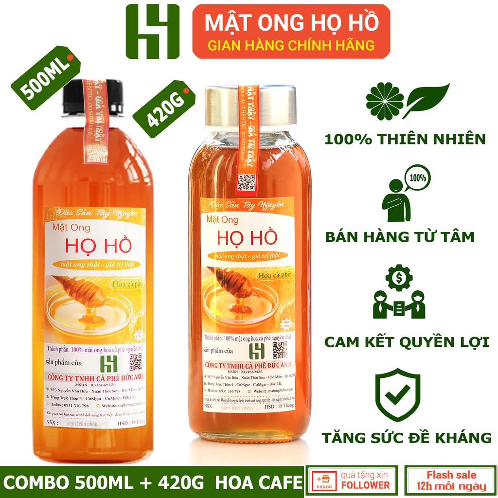 Combo 500ML chai Pet+420G Hũ Thủy Tinh mật ong hoa cà phê nguyên chất - Mật ong Họ Hồ mật ong thật, giá trị thật