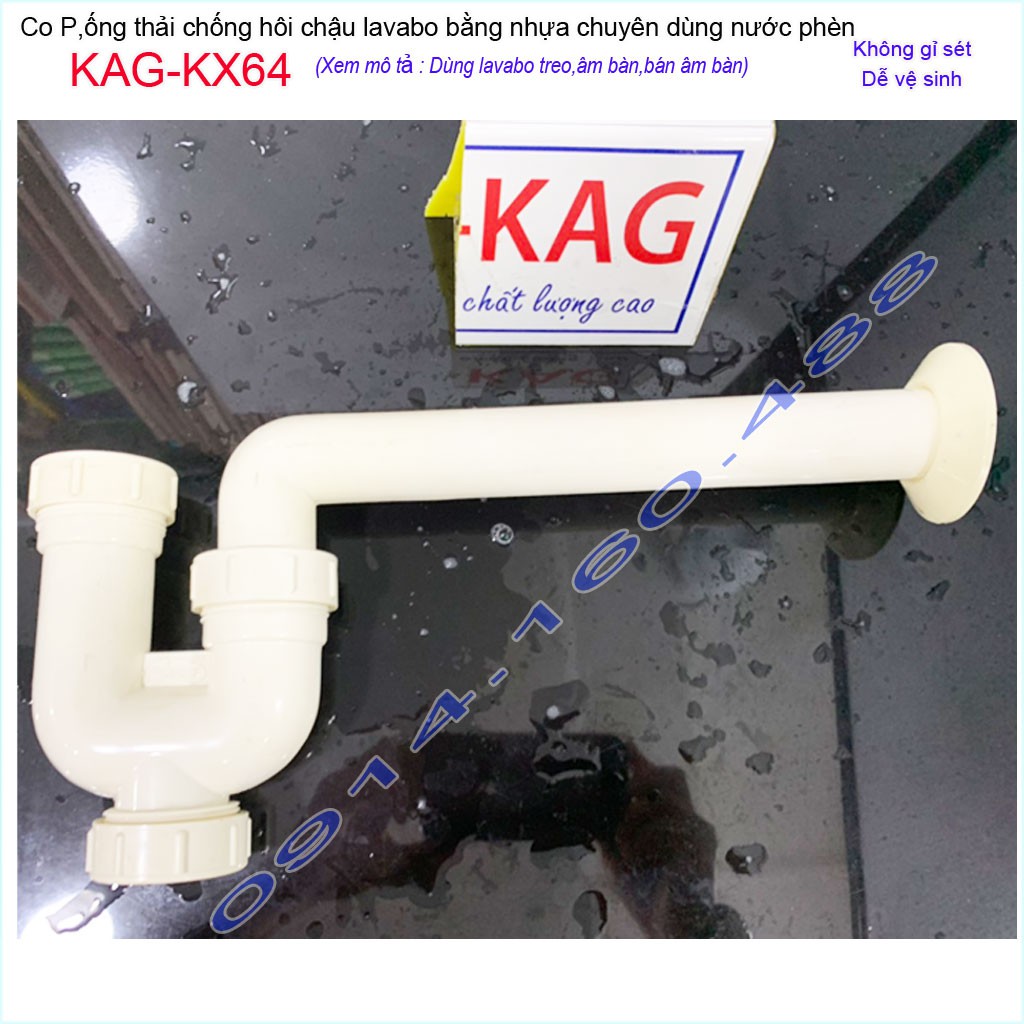 Ống thải lavabo KAG-KX64 nhựa 100%, ống xả co P chậu rửa mặt chống hôi có bầu lắng dễ vệ sinh không gỉ séc siêu bền