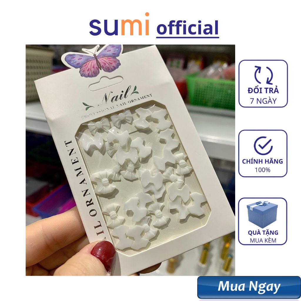 Charm nơ sét nơ trắng hottend mới , Phụ Kiện charm Nail gắn móng