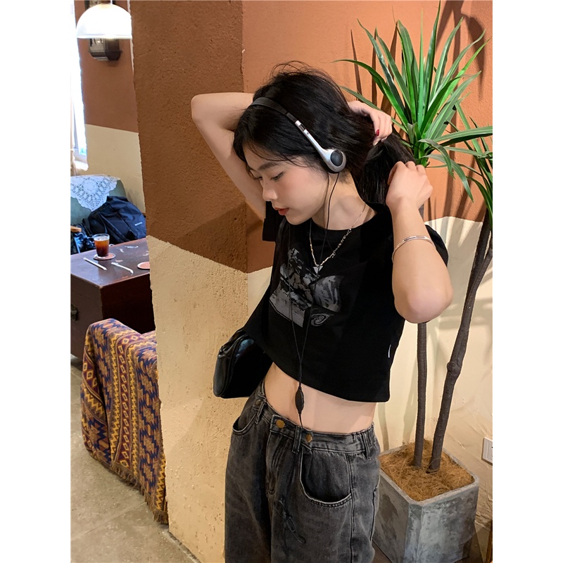 Áo thun XIAOZHAINV tay ngắn dáng ôm phong cách retro Hàn Quốc cho nữ