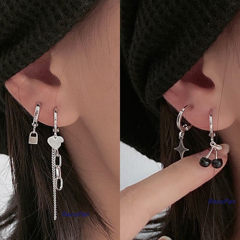 Set 4 Khuyên Tai Hình Trái Tim / Dây Xích Tua Rua Màu Bạc Thời Trang Hàn Quốc Cho Nữ