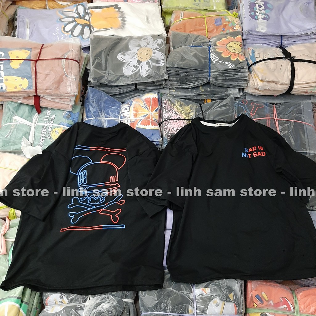 Áo phông tay lỡ nữ freesize Unisex thun form rộng, mặc cặp, nhóm, lớp in hình đầu lâu chữ BAD IS NOT BAD màu đen | BigBuy360 - bigbuy360.vn