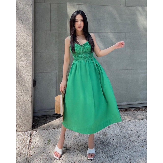 ĐẦM XANH MIDI BO CHUN NGỰC THẮT NƠ 2 DÂY