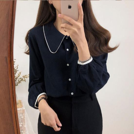 Áo Sơ Mi Hàn QuốcThời Trang Công Sở Nữ Cổ Sen Lé Trắng Xinh Xắn, Sơ Mi Màu Xanh Than Basic Quyên Fashion AA403